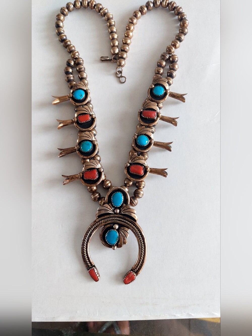 Navajo Patricia Platero (RIP) Sterling Silver Turquoise Coral Squash Blossom